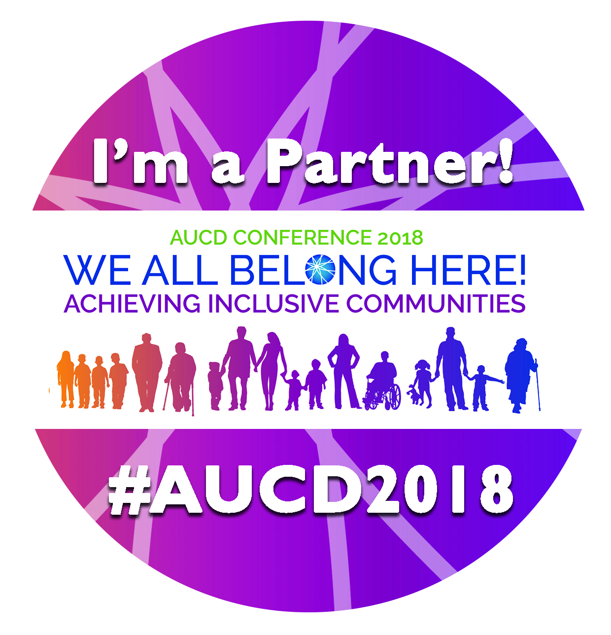 Round purple button says I'm a Partner AUCD 2018